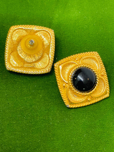 Napier Square Gold Clip On Earrings with Black Enamel Dome Devil's Details